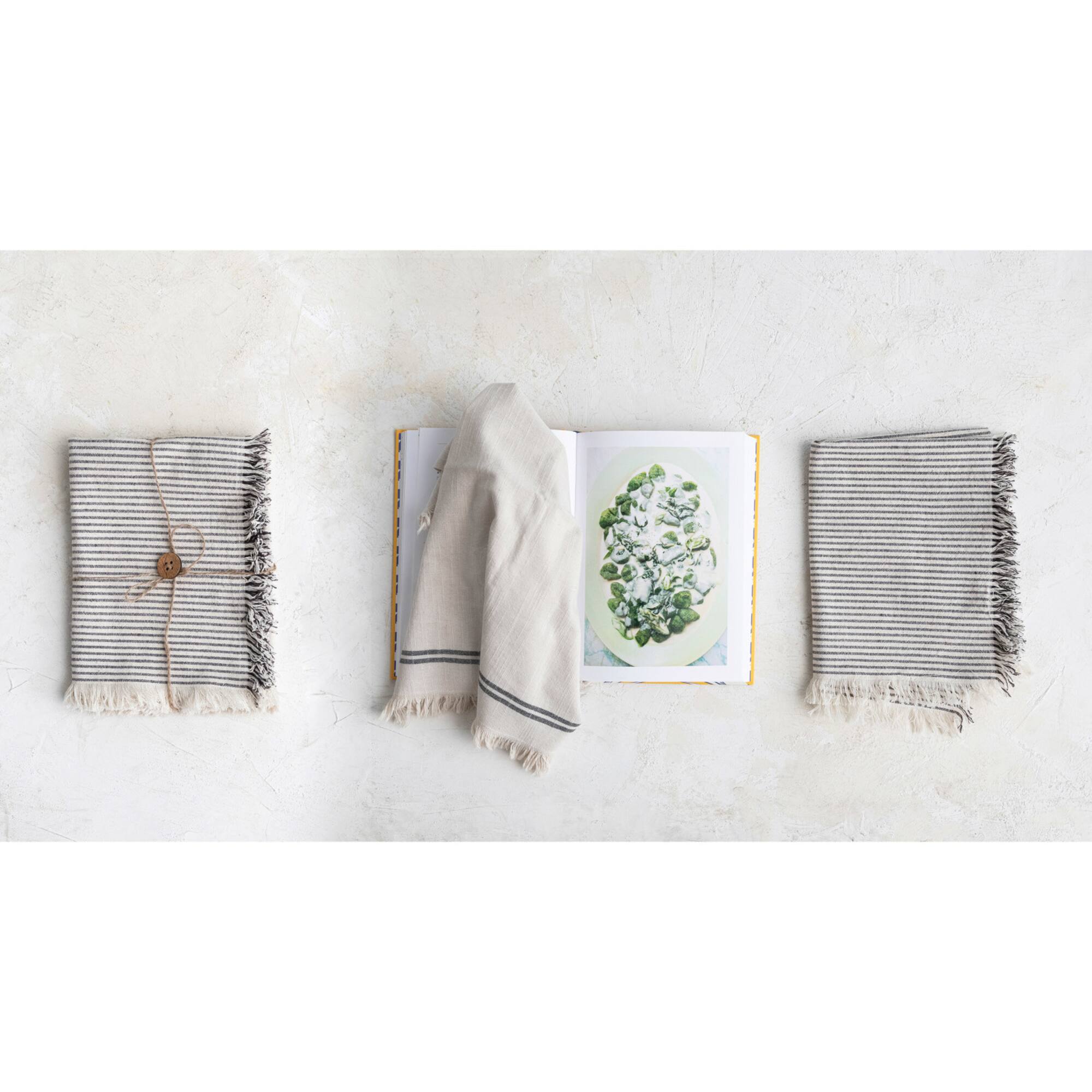 Hello Honey® Natural & Black Stripes Woven Cotton Tea Towels with Fringe Set